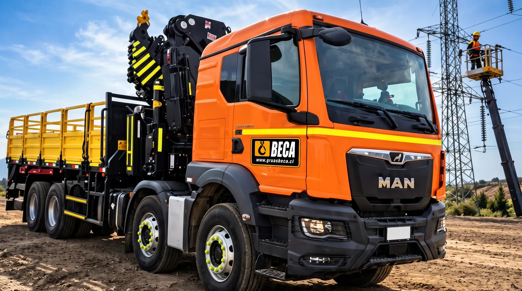 Camión pluma MAN 41.480 con grúa HIAB 855 E-8 y capacho alza hombres